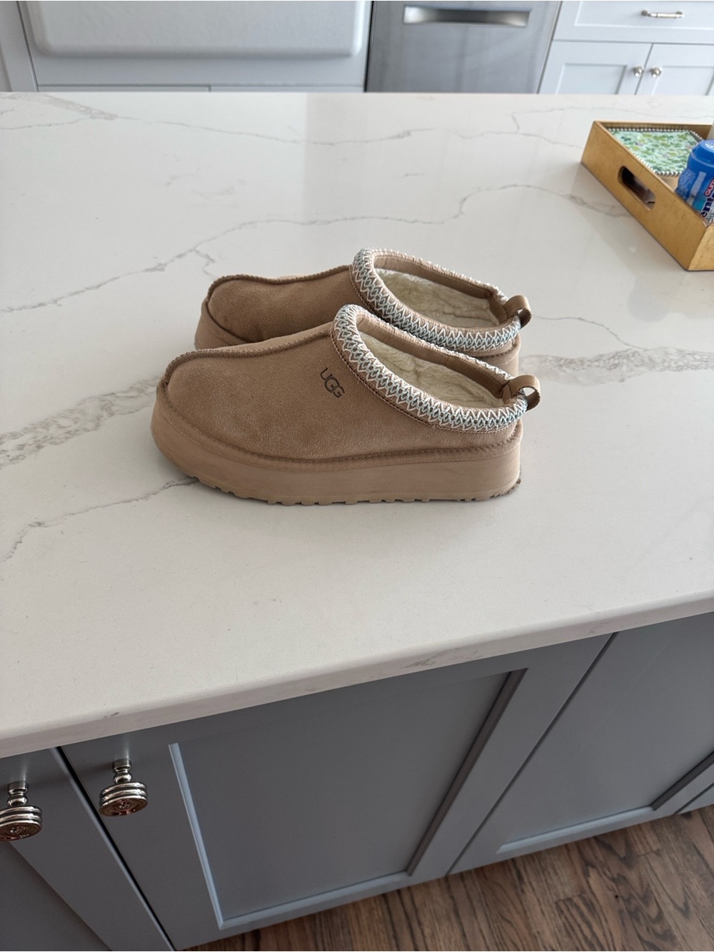 UGG Women’s Tan Slippers with Patterned Trim barely ever worn